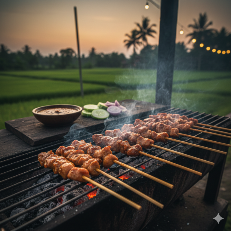 Authentisches Sate Ayam Rezept: Indonesische Hähnchenspieße mit Erdnusssoße grillen vor einer Reisfeld-Kulisse