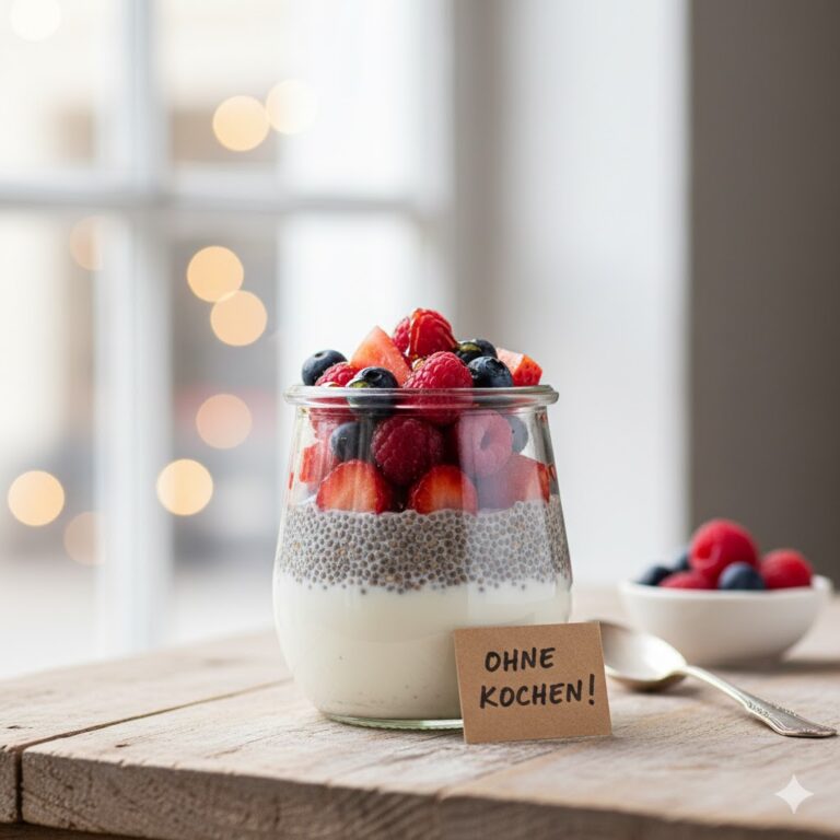 Chia Pudding mit Hafermilch gesundes Frühstück ohne Kochen Beeren Topping