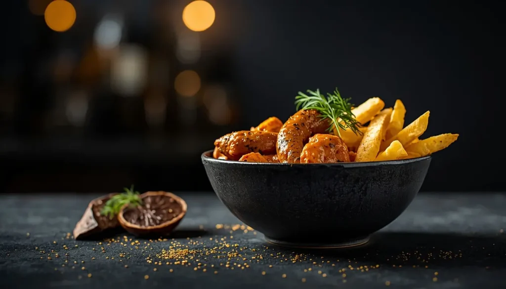 Moderner kulinarischer Lifestyle: Currywurst vom Zander mit Blattgold und Trüffelöl in dunkler Keramikschale, edles Design und Kontrast, Trend-Food Berlin, 1200 x 675 px.
