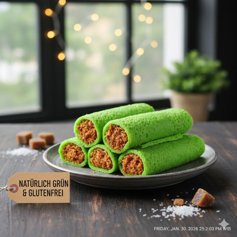 Dadar Gulung Rezept gruene indonesische Pfannkuchen glutenfrei Pandan Kokos
