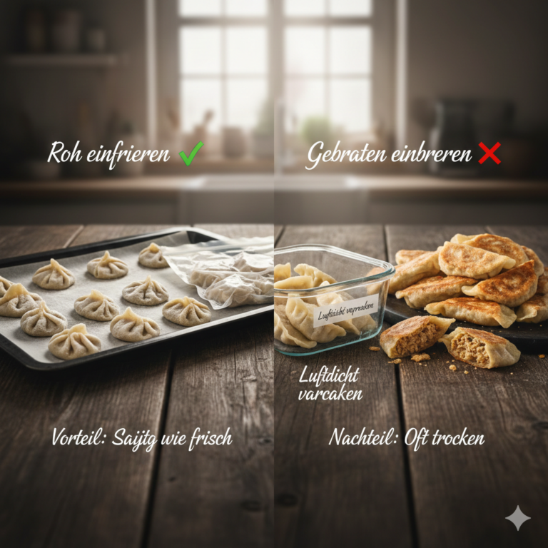Vergleich Gyoza einfrieren: roh vs gebraten auf einem Backblech und in einer Glasbox