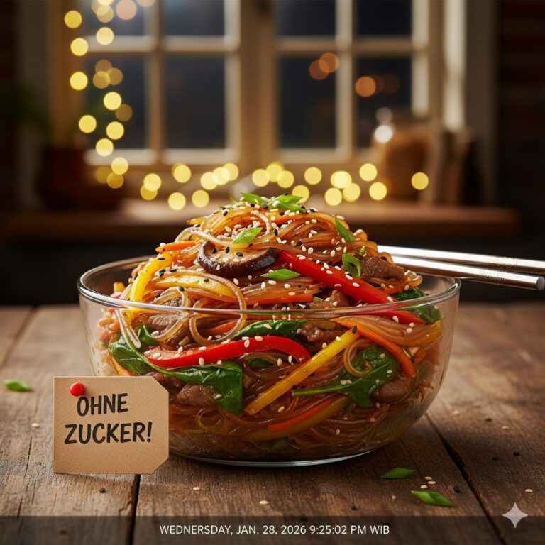 Koreanisches Japchae Rezept ohne Zucker gesund kalorienarm Glasnudeln
