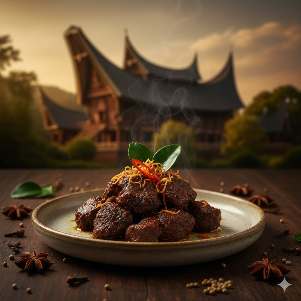 Authentisches Rendang Minangkabau vor einem traditionellen Rumah Gadang Haus Westsumatra