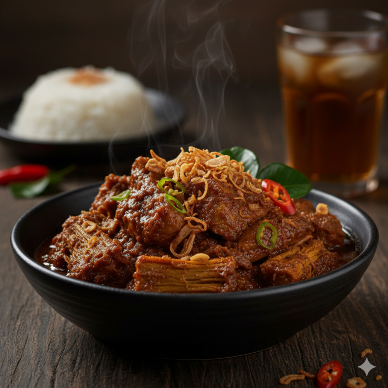 Rendang vegetarisch mit Jackfrucht serviert mit Reis in Berlin vegane Fleischalternative