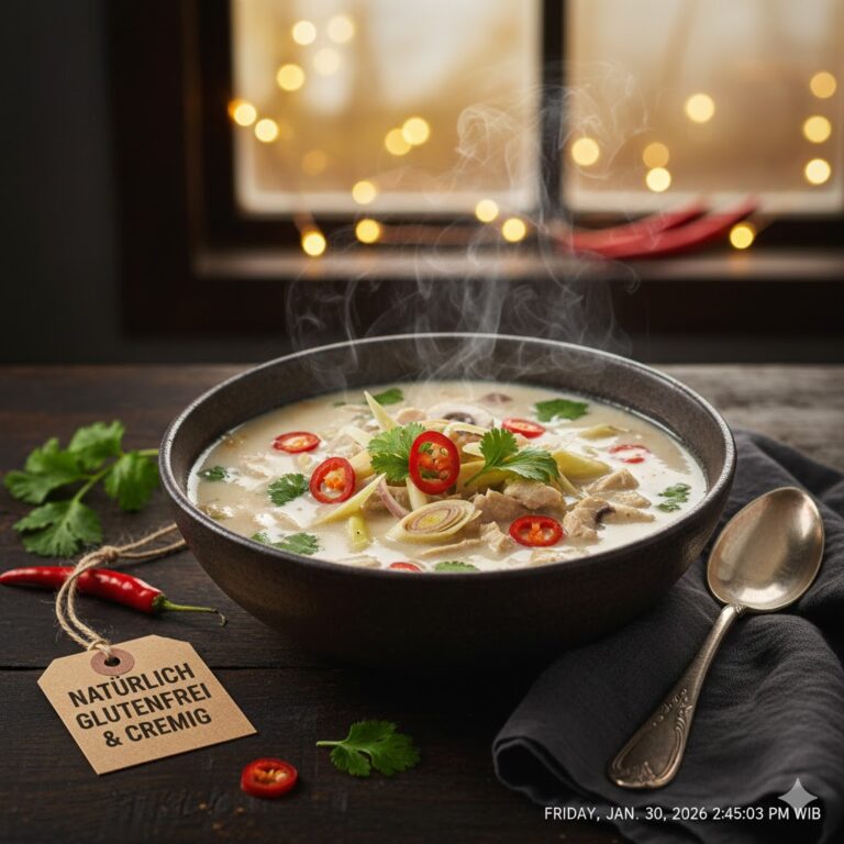 Tom Kha Gai Rezept cremig thailaendische Kokossuppe glutenfrei gesund