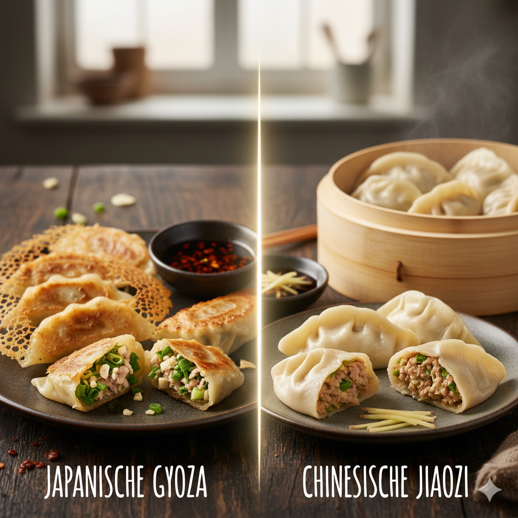 Vergleich zwischen japanischen Gyoza (gebraten) und chinesischen Jiaozi (gedämpft) im Querschnitt