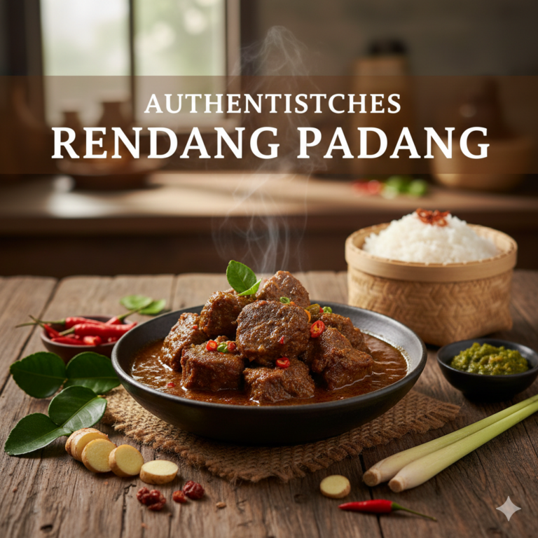 Authentisches indonesisches Rendang Padang serviert mit Reis und Gewürzen auf einem rustikalen Holztisch