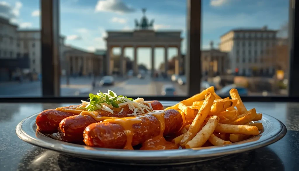 Edle Zander Currywurst in Berlin mit echtem Blattgold serviert, luxuriöser Snack für Touristen nahe dem Brandenburger Tor, Pommes mit Trüffel, 1200 x 675 px.