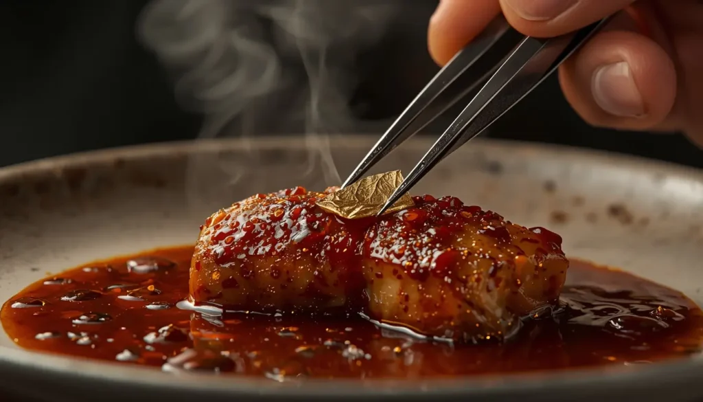 Zubereitung der Gourmet Currywurst vom Zander, Koch platziert essbares Blattgold mit einer Pinzette, Trüffelöl glänzt auf der Currysauce, E-E-A-T kulinarisches Detailfoto, 1200 x 675 px.