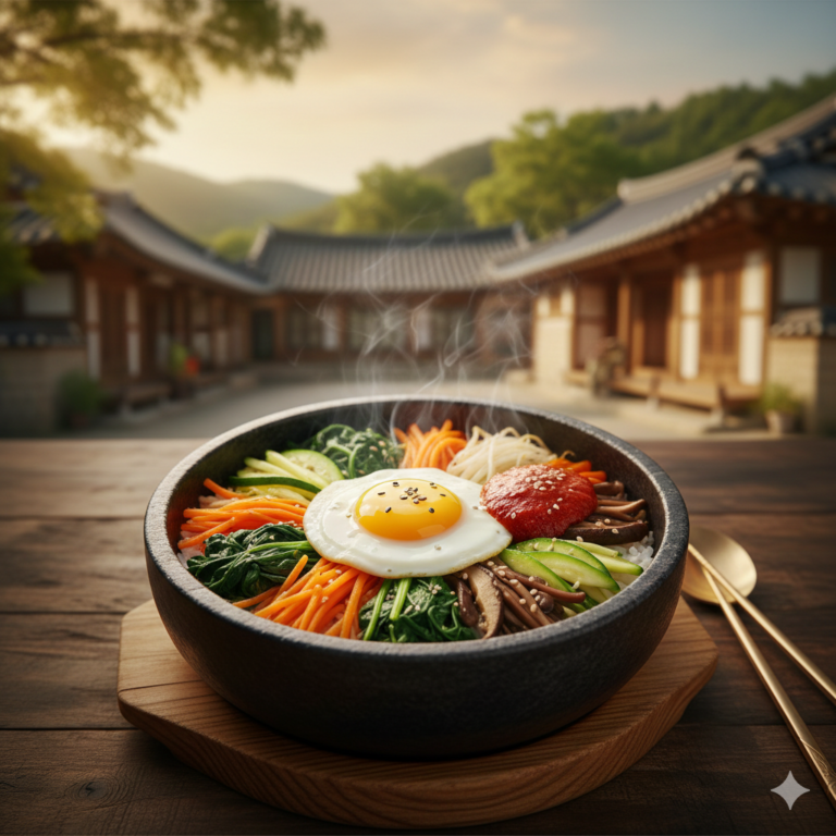 Authentisches Bibimbap Rezept: Koreanische Bowl 비빔밥 mit Gochujang und Gemüse in einer Dolsot Steinschüssel vor einem Hanok Hintergrund