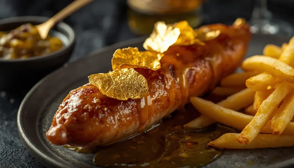 Edle Currywurst vom Zander serviert mit echtem Blattgold und Trüffelöl, kulinarischer Luxus in Berlin, im Hintergrund Pommes mit Trüffel, 1200 x 675 px.
