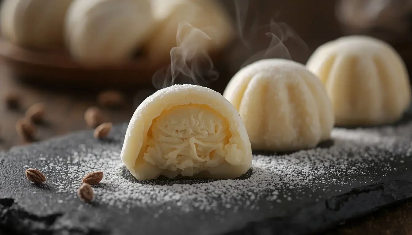 Mochi Eis selber machen ohne Klebreismehl – aufgeschnittene Mochi mit Vanillefüllung auf schwarzem Schiefer