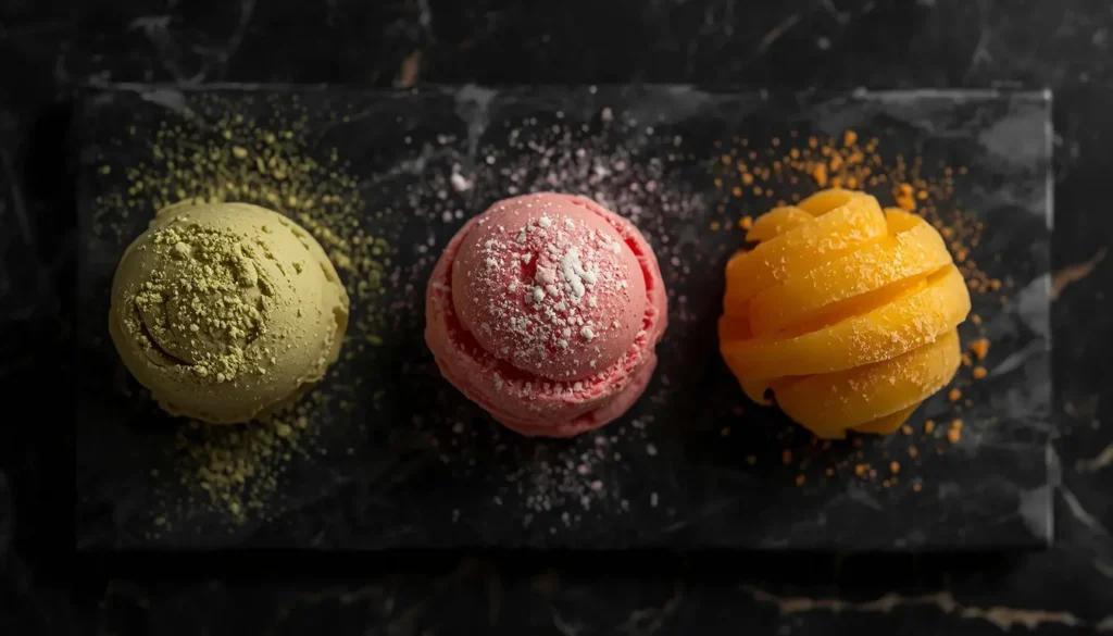 Drei Mochi Eis Varianten ohne Klebreismehl: Matcha, Erdbeere und Mango auf schwarzem Marmor