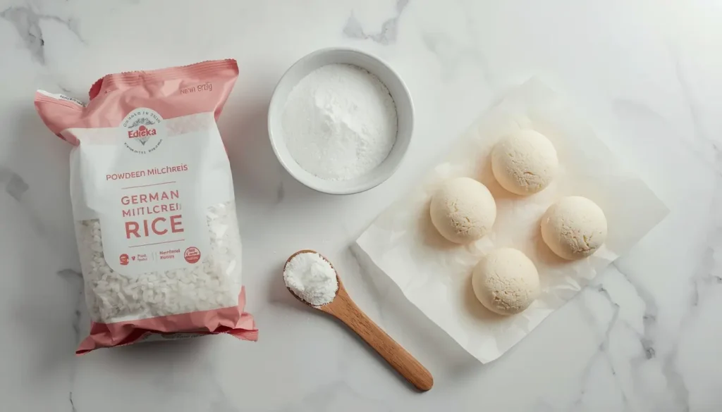 Zutaten für Mochi ohne Klebreismehl: Milchreis von Edeka, Speisestärke und Puderzucker auf Marmor