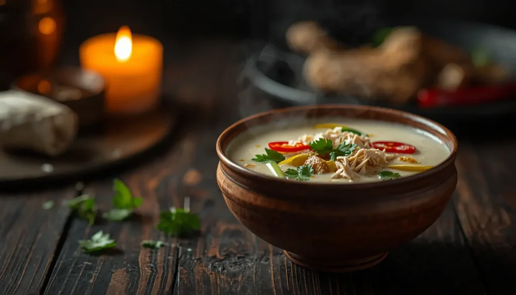 Tom Kha Gai Suppe in Tonschale mit Kokosmilch, Galgant und Zitronengras – traditionelles Thai-Rezept
