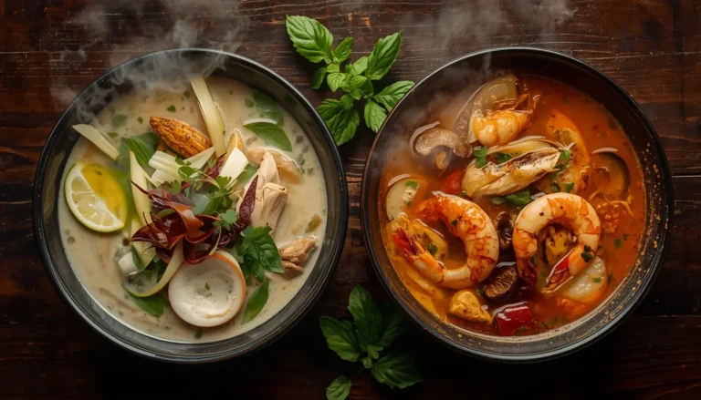 Tom Kha Gai vs Tom Yum Suppe im direkten Vergleich – cremige Kokosmilch-Suppe links, scharfe klare Suppe rechts