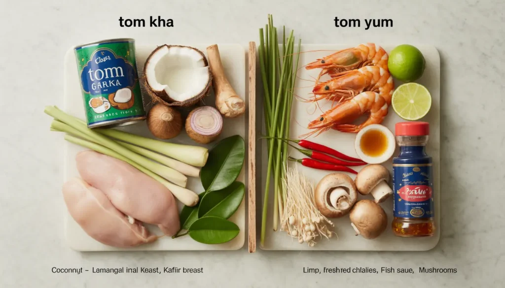 Zutaten-Vergleich Tom Kha und Tom Yum: Kokosmilch und Galgant links, Garnelen und Chili rechts