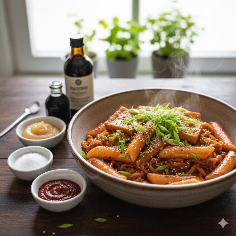 Glutenfreie Rabokki mit zuckerfreier Sauce und Reisnudeln in einer Schüssel
