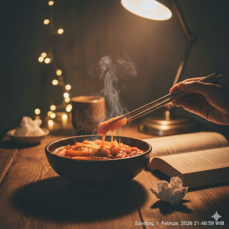 Koreanisches Soul Food Tteokbokki in einer Schale mit aufsteigendem Dampf in einer gemütlichen Abendstimmung