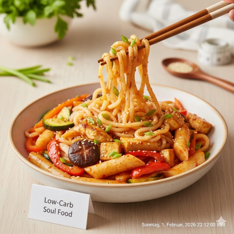 Eine Schale Low-Carb Tteokbokki mit Shirataki-Nudeln, Gemüse und Tofu – eine gesunde und kalorienarme Alternative zum klassischen Street Food.
