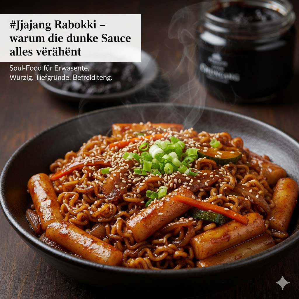 Jjajang Rabokki mit dunkler Chunjang-Sauce, Reiskuchen und Sesam