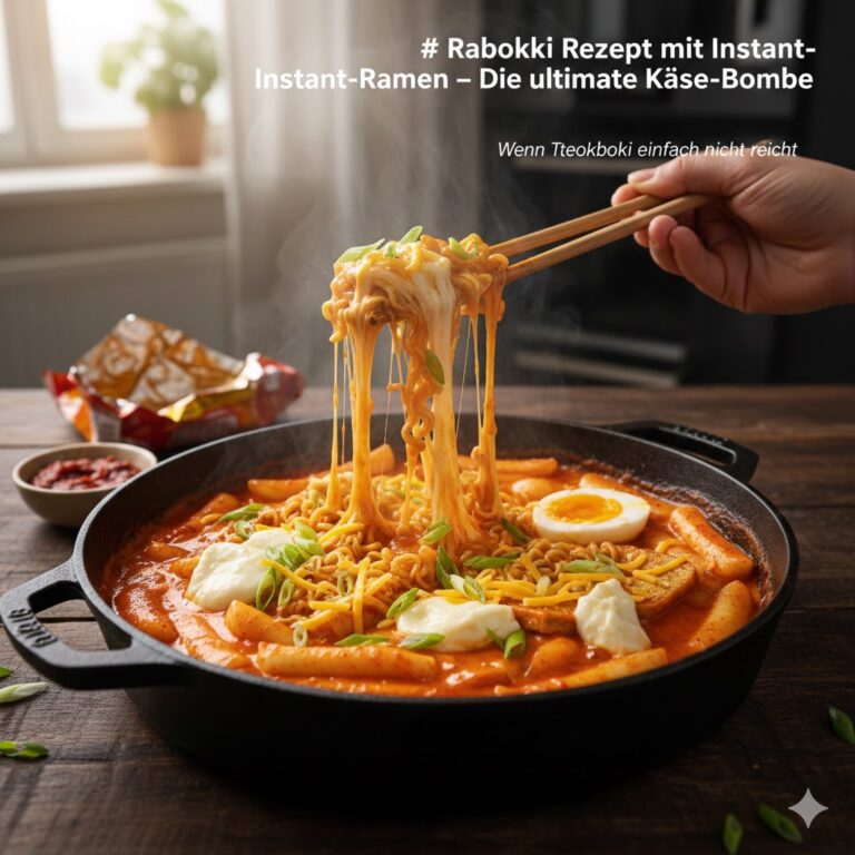 Rabokki Rezept mit Instant-Ramen und geschmolzenem Käse in der Pfanne
