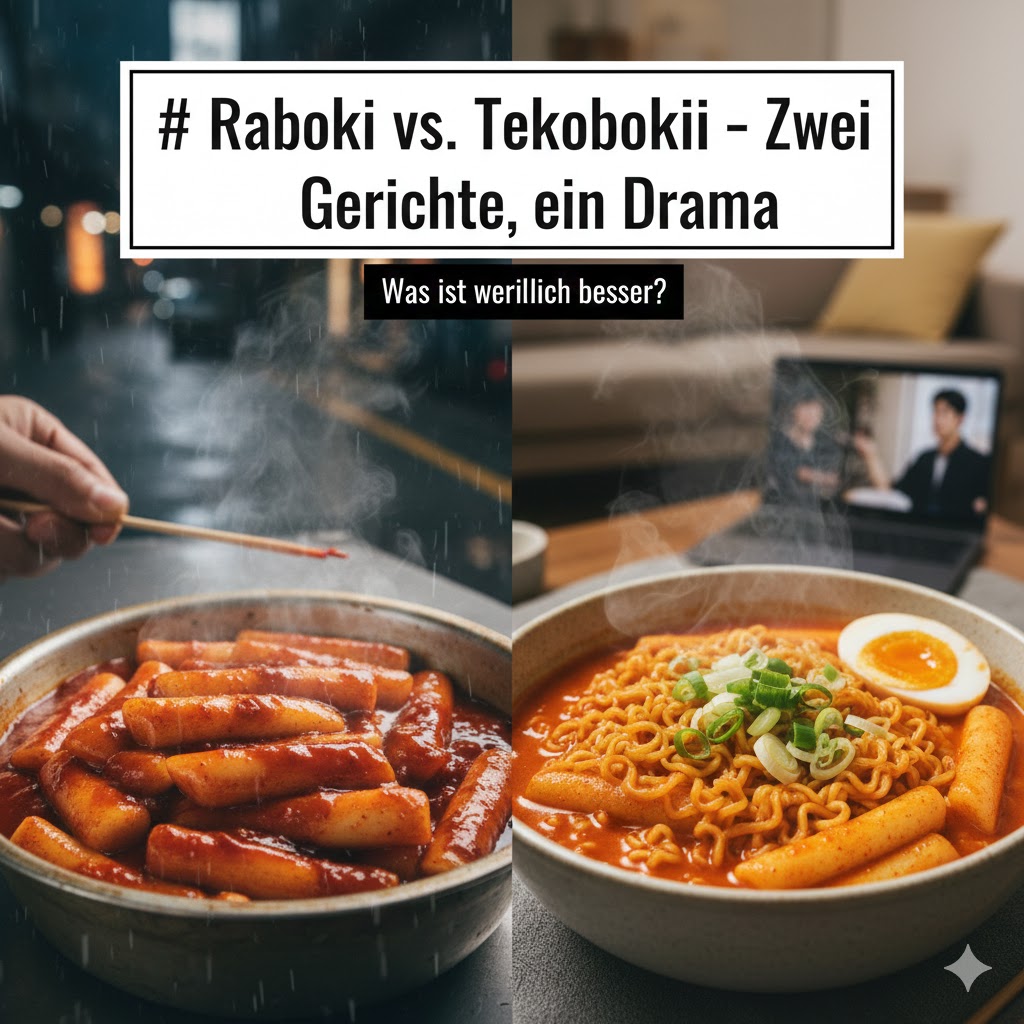 Vergleich Rabokki vs Tteokbokki koreanisches Streetfood mit Ramen und Reiskuchen