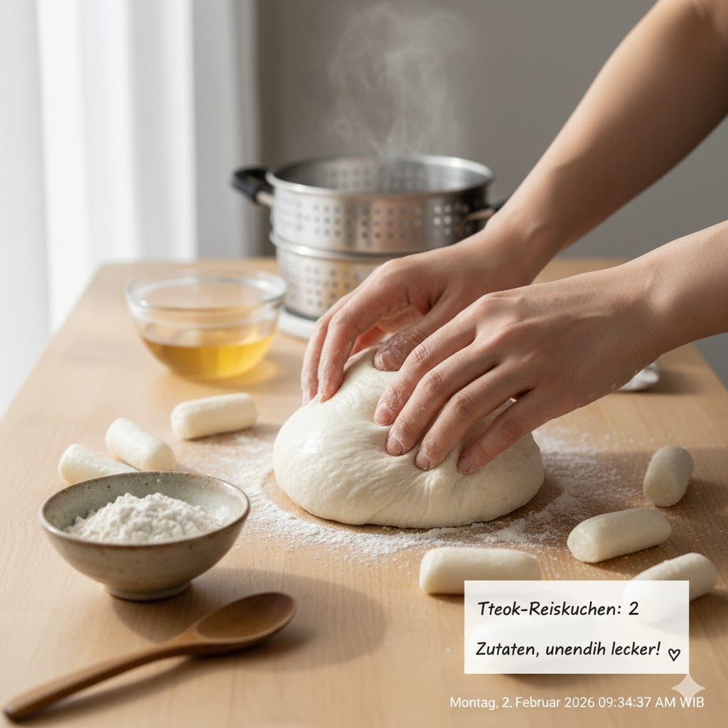 Schritt-für-Schritt Anleitung: Reiskuchen für Tteokbokki selber machen aus Reismehl und Wasser auf einer Holzoberfläche.