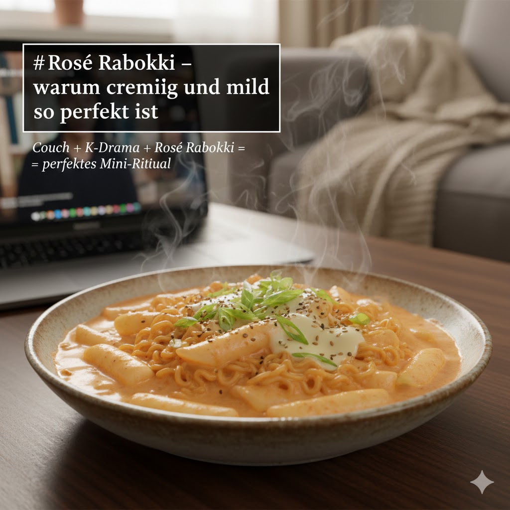 Rosé Rabokki mit cremiger Sauce, Reiskuchen und Ramen in einer Schüssel
