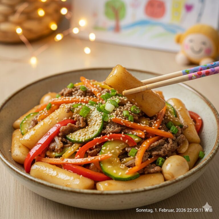 Milde Gungjung Tteokbokki mit buntem Gemüse und Sojasauce serviert in einer Schale – ein perfektes asiatisches Gericht für Kinder.