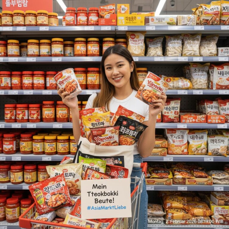 Eine junge Frau zeigt ihre Tteokbokki-Einkäufe in einem gut sortierten Asia-Markt in Deutschland – Instant-Becher und Reiskuchen-Verpackungen im Einkaufswagen.