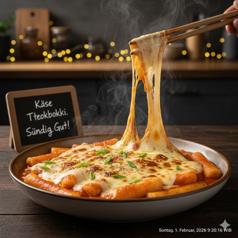 Hausgemachtes Käse Tteokbokki mit geschmolzenem Mozzarella und scharfer Gochujang Sauce auf einem Holztisch