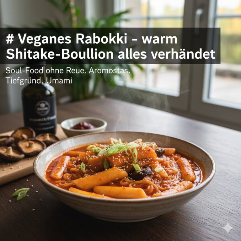 Veganes Rabokki in einer Shiitake-Bouillon mit Reiskuchen und Glasnudeln