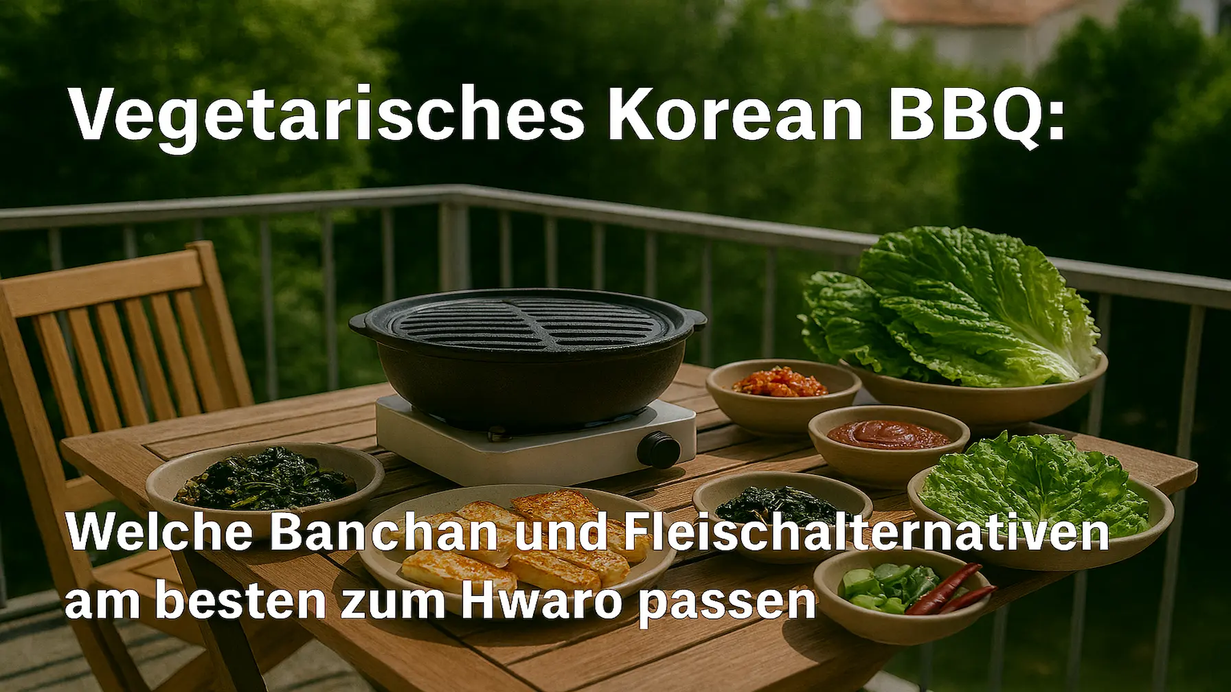 Buntes vegetarisches Korean BBQ mit Pilzen, Tofu und Banchan auf einem Hwaro Grill.