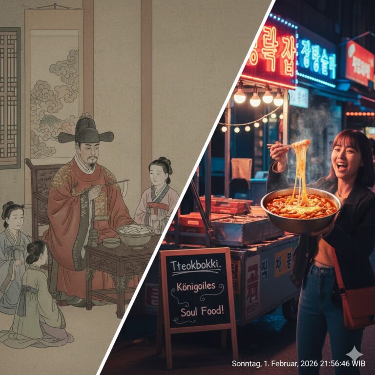 Kollage der Tteokbokki Geschichte: Ein koreanischer König der Joseon-Dynastie und ein modernes Street-Food-Szenario in Seoul.