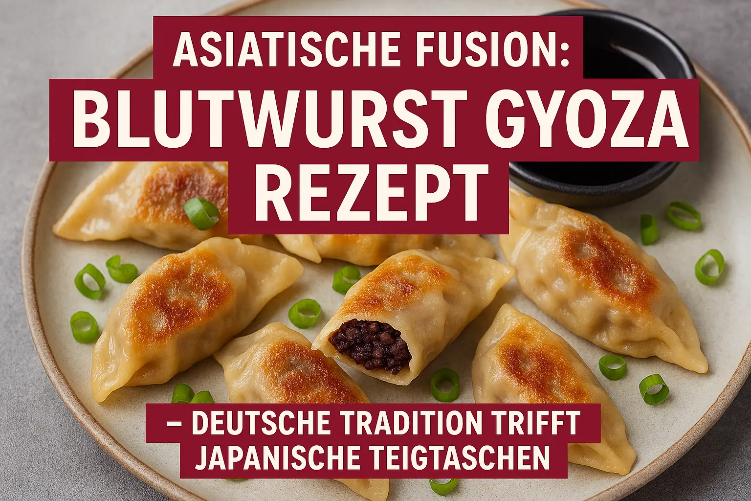 Knusprig gebratene Blutwurst Gyoza auf einem Teller mit asiatischem Dip