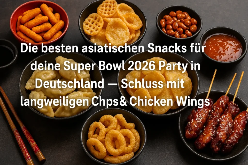 Asiatische Snacks für Super Bowl 2026 Party in Deutschland – Dumplings, Shrimp Chips, Chicken Wings und mehr auf dunklem Hintergrund