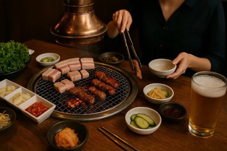 Eine Draufsicht auf einen traditionellen Hwaro-Grill mit glühender Kohle, umgeben von vielen Schälchen (Banchan) und einer Gruppe, die gemeinsam isst.