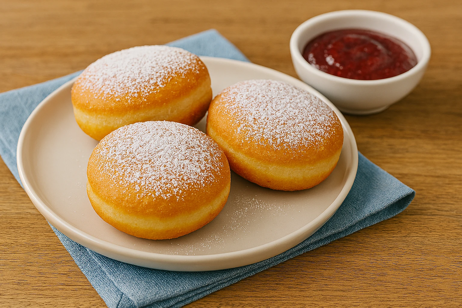 Glutenfreie Berliner Pfannkuchen ohne Hefe mit Puderzucker bestäubt