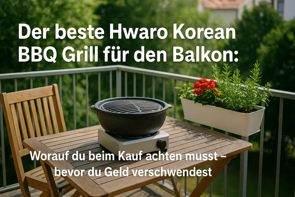Ein hochwertiger, runder Tisch-Hwaro-Grill auf einem Holztisch auf einem gemütlichen Balkon, bereit zum Grillen mit Holzkohle.