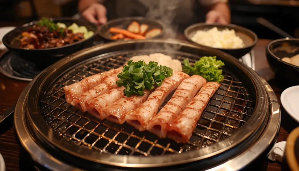 Innenansicht des Restaurants Kimchi Princess in Berlin mit Gästen, die gemeinsam am Tisch grillen.