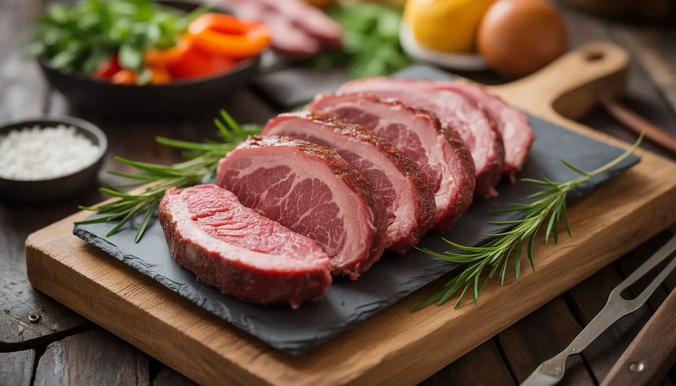 Nahaufnahme von dünn geschnittenem Bio-Rindfleisch für koreanisches BBQ Hwaro-gui