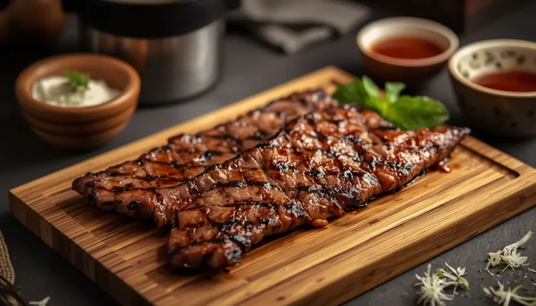 Ein deutscher Metzger schneidet dünne Scheiben Bio-Rindfleisch für koreanisches BBQ