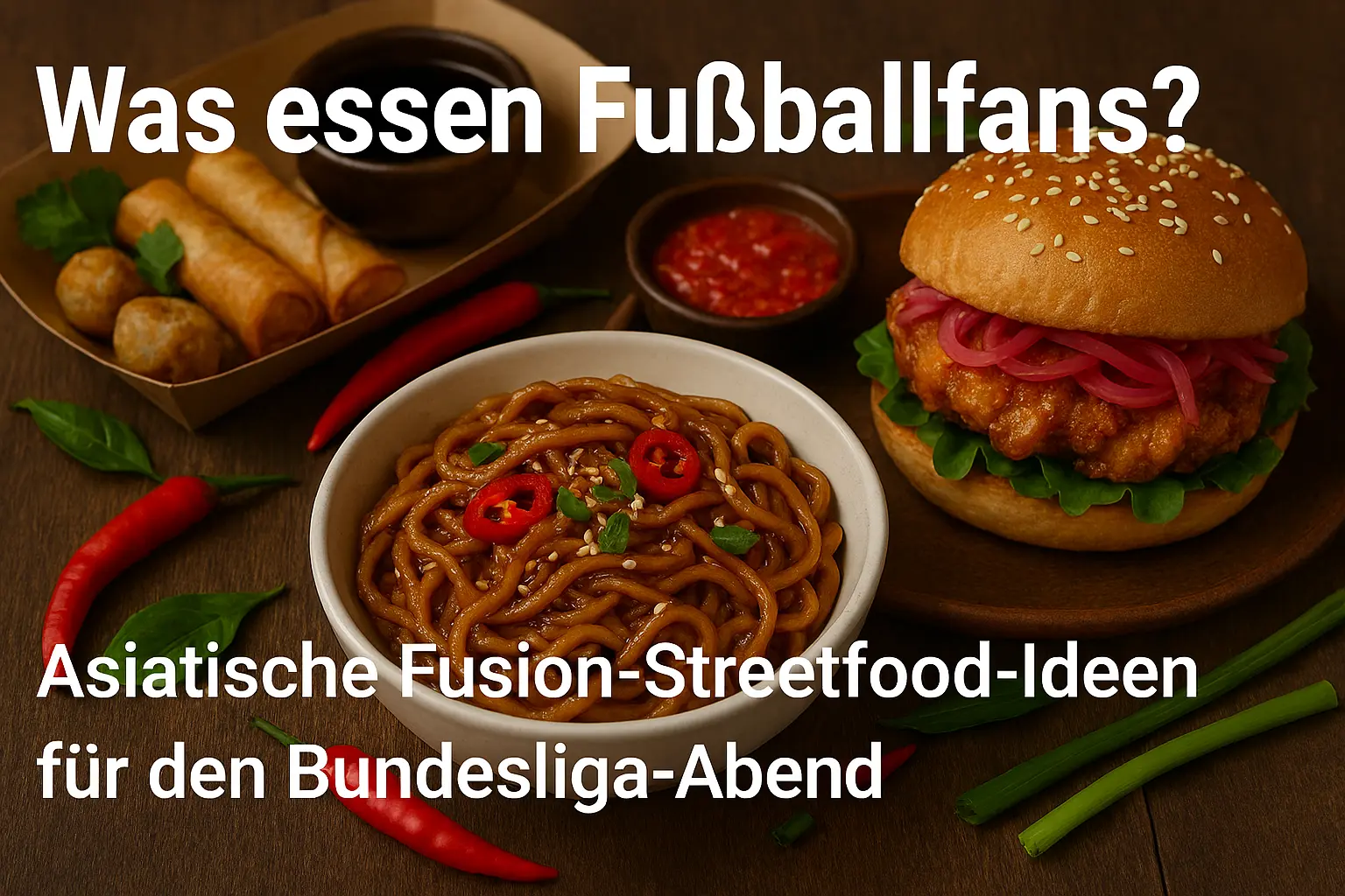 Asiatische Fusion-Streetfood für Fußballfans: Nudeln, Burger, Frühlingsrollen und Dumplings auf rustikalem Tisch mit Fanartikeln
