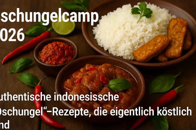 Indonesische Dschungel-Rezepte mit Curry, Reis und Tempeh auf rustikalem Holztisch, dekoriert mit Chili und Limette