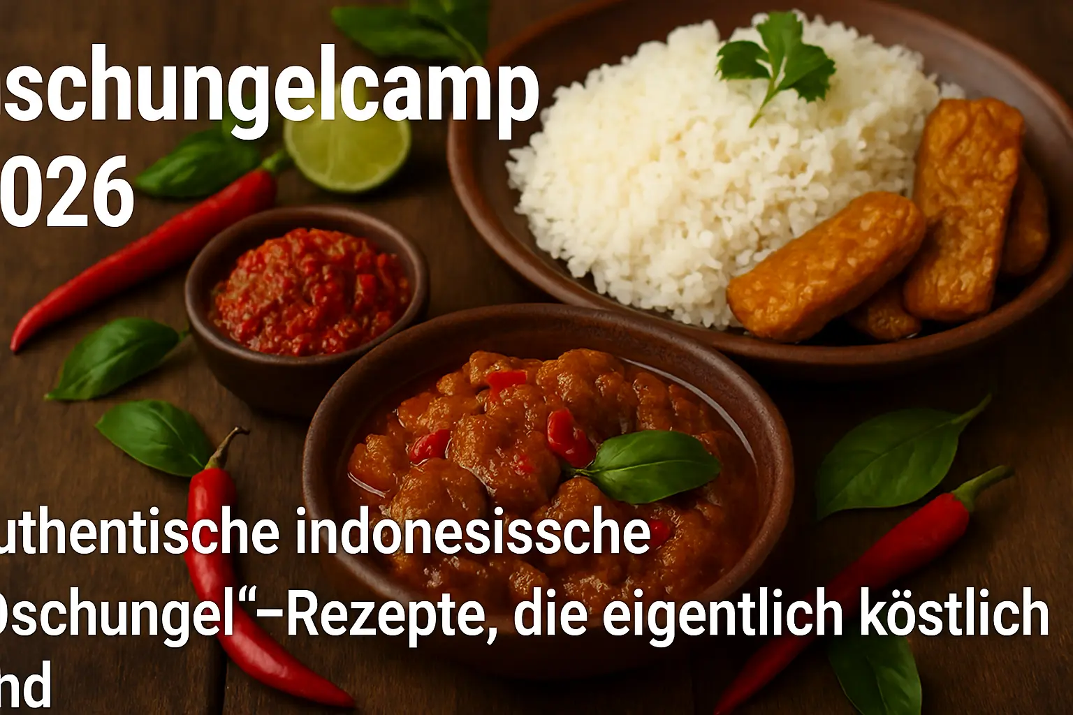 Indonesische Dschungel-Rezepte mit Curry, Reis und Tempeh auf rustikalem Holztisch, dekoriert mit Chili und Limette