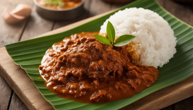 Nahaufnahme von authentischem indonesischem Rendang mit dunkler, würziger Kokosnusssauce und Rindfleisch, kein Curry.