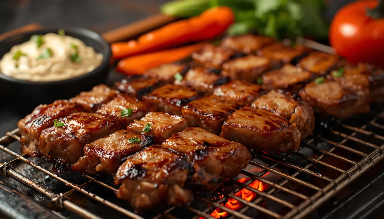 Detailaufnahme von perfekt gegrilltem, zartem Bio-Rindfleisch auf einem Hwaro Grill