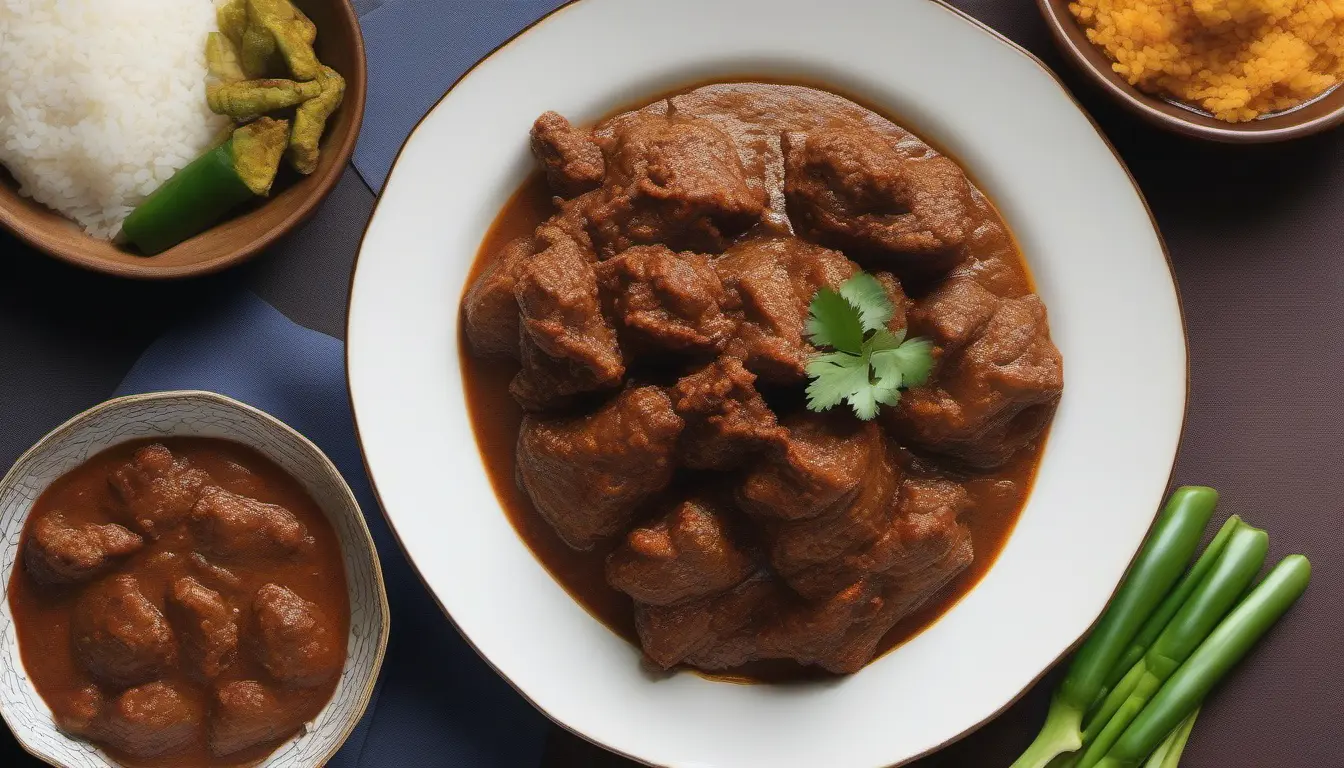 Zartes, zerfallendes Rindfleisch in einer dunklen Rendang-Sauce, Nahaufnahme zur Darstellung der butterweichen Textur.
