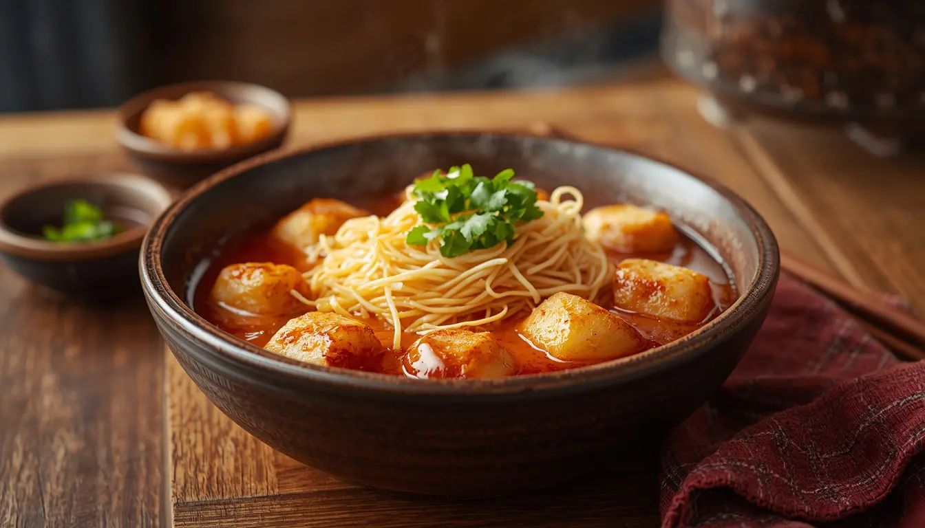 Gungjung Tteokbokki ohne Schärfe mit Reisnudeln, Gemüse und Sesam in einer Keramikschale